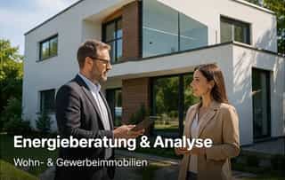 Energieberater erklärt einem Hauseigentümer vor einem Wohngebäude Möglichkeiten zur energetischen Sanierung und Energieeinsparung.