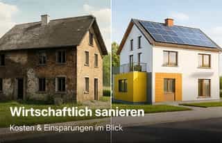Vorher-Nachher-Vergleich einer energetischen Gebäudesanierung mit moderner Dämmung und Photovoltaikanlage.